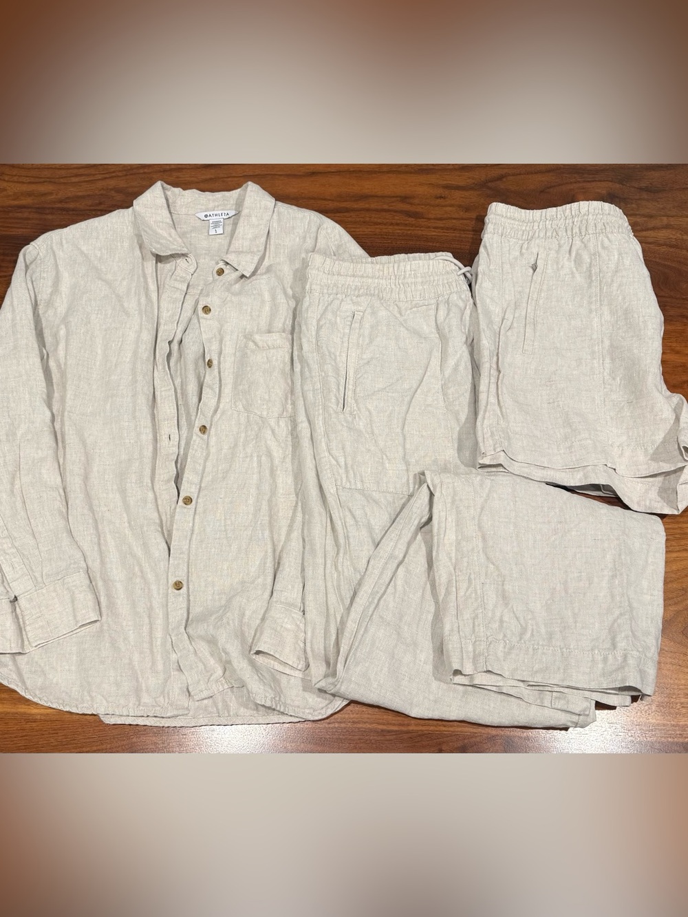 Athleta Women’s Linen Set Size Large - Long Sleeved Button-up, Pants and Shorts